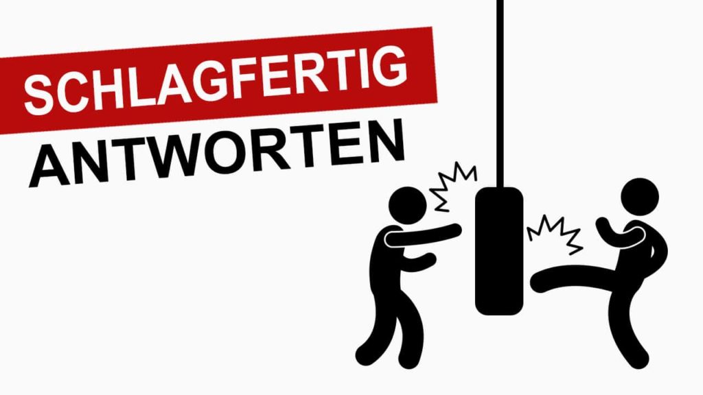 2 Strichmännchen, die auf einen Boxsack schlagen und treten. Daneben der Schriftzug "Schlagfertig antworten"